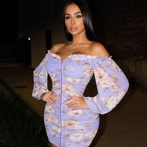 Lilac Floral Print Off Shoulder Ruched Dress Small